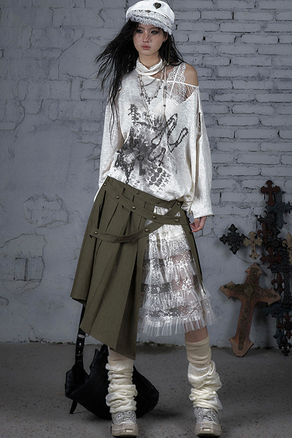 Ripped Off-Shoulder Punk Print Knit Top