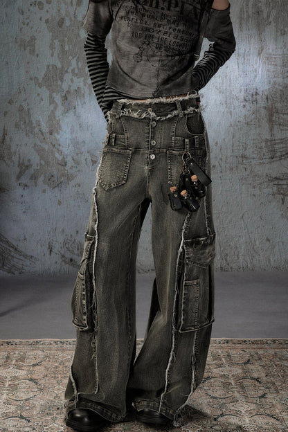 Vintage Washed Wide-Leg Large Patch Pockets Jeans