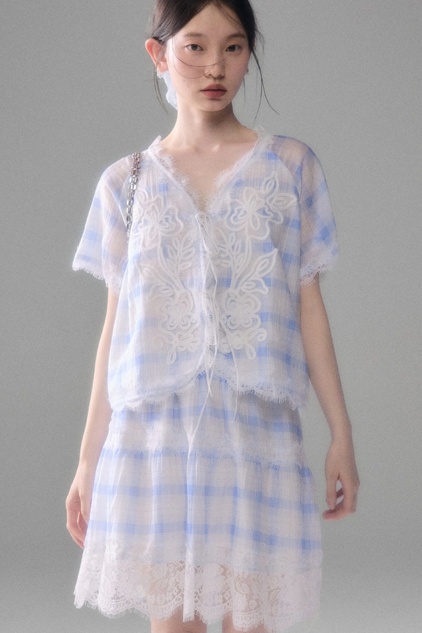 Blue White Checkered Lace Tencel Top Skirt Set-Up