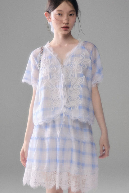 Blue White Checkered Lace Tencel Top Skirt Set-Up