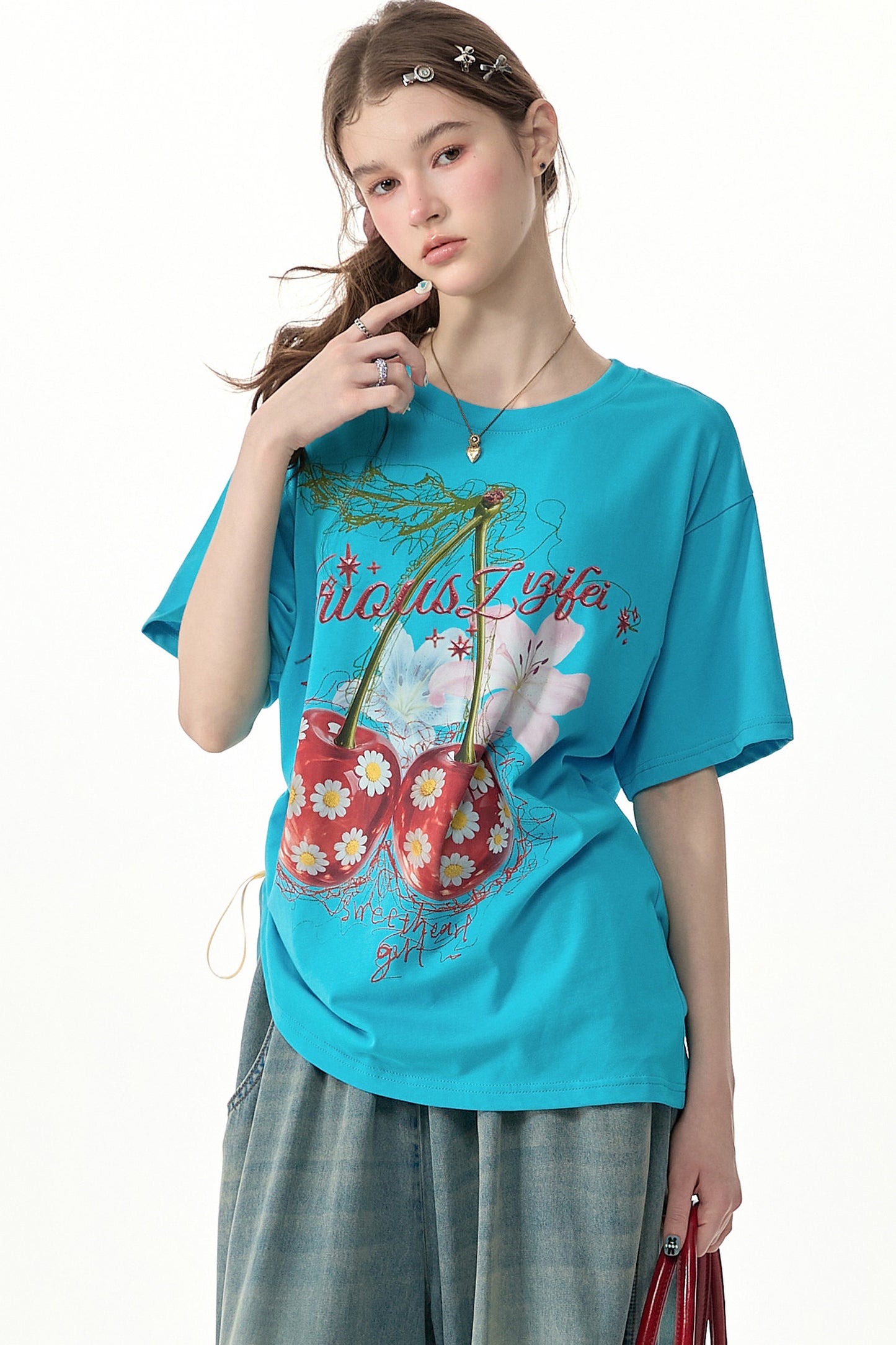 Cherry Print Blue Short-Sleeved T-Shirt
