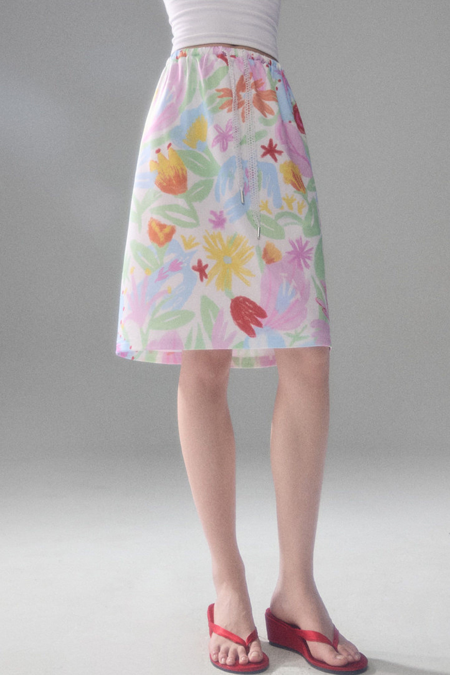 Hand-Painted Bird And Flower Print Skirt