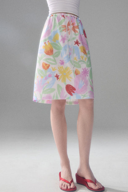 Hand-Painted Bird And Flower Print Skirt
