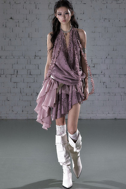 Abito halter con ruches in pizzo