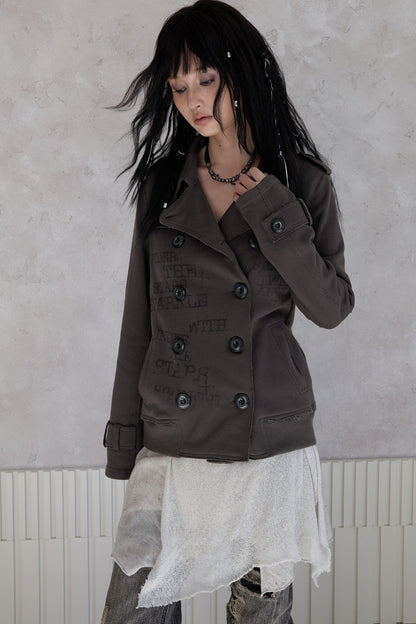 Trench Style Printed Unhemmed Double-Breasted Jacket