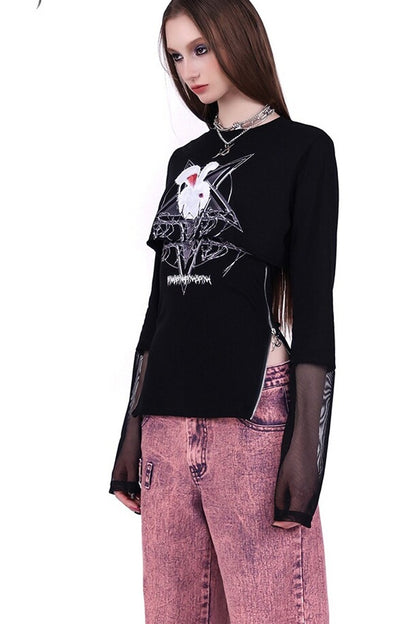 Printed Rabbit Mesh Blouse Set
