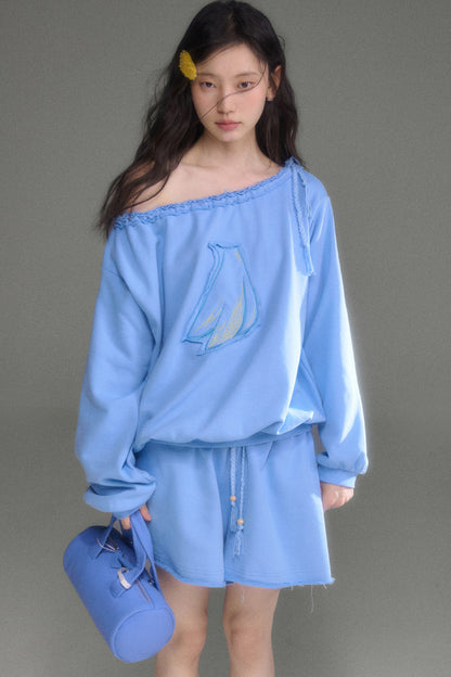 Bird And Tulip Raw Edge Patchwork Sweatshirt And Shorts Set