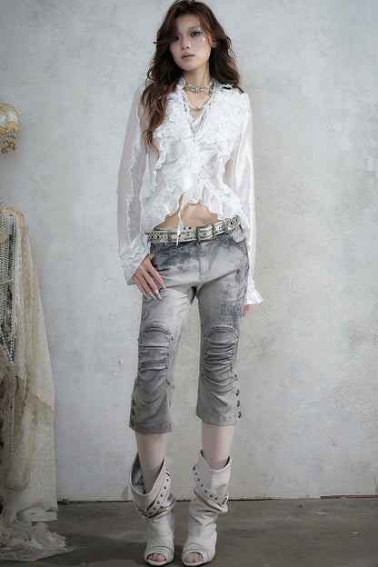 Vintage Distressed Lace Cropped Pants
