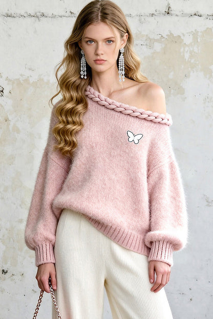 Pink Butterfly Off-Shoulder Sweater and Pants Set-Up