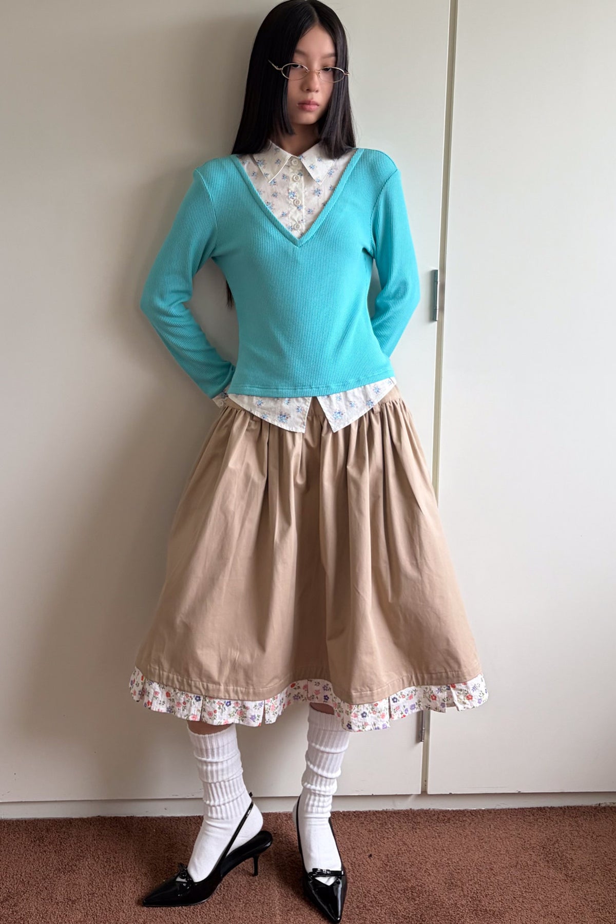 Floral Patchwork Ruched A-Line Skirt