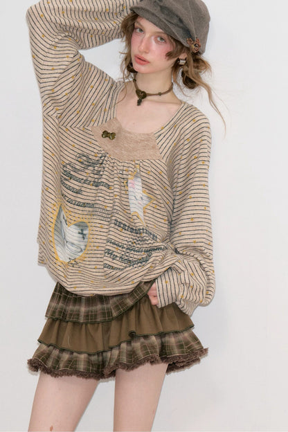 Striped Cat Print Sweatshirt