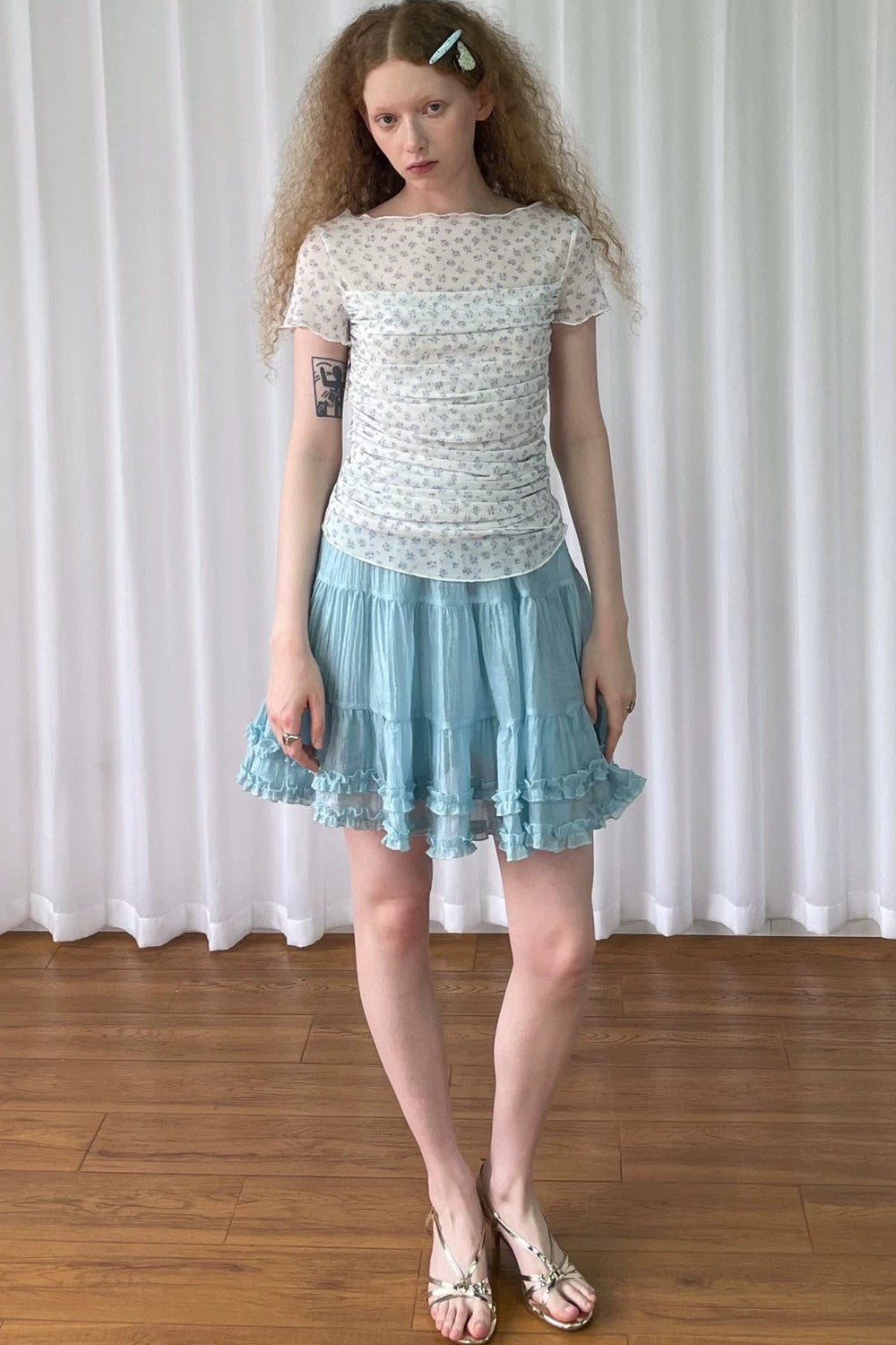 Light Blue Floral Mesh Top
