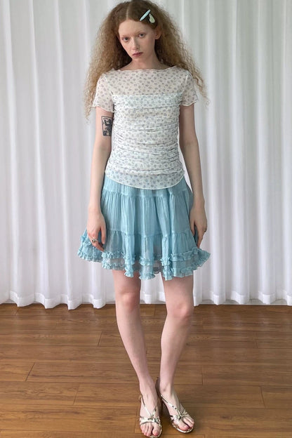 Light Blue Floral Mesh Top