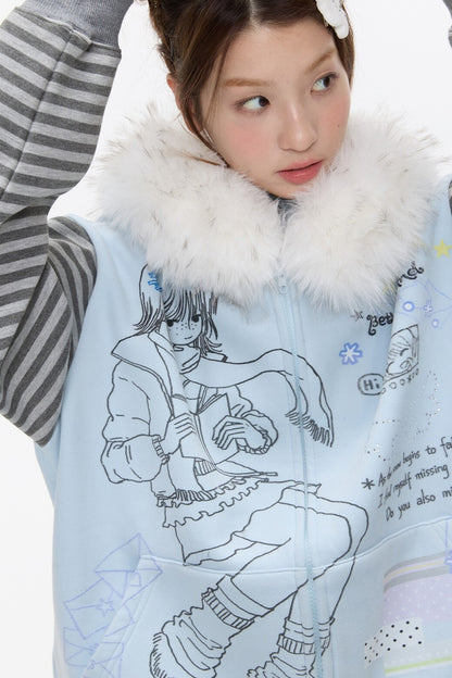 Striped Raglan Fur Collar Jacket