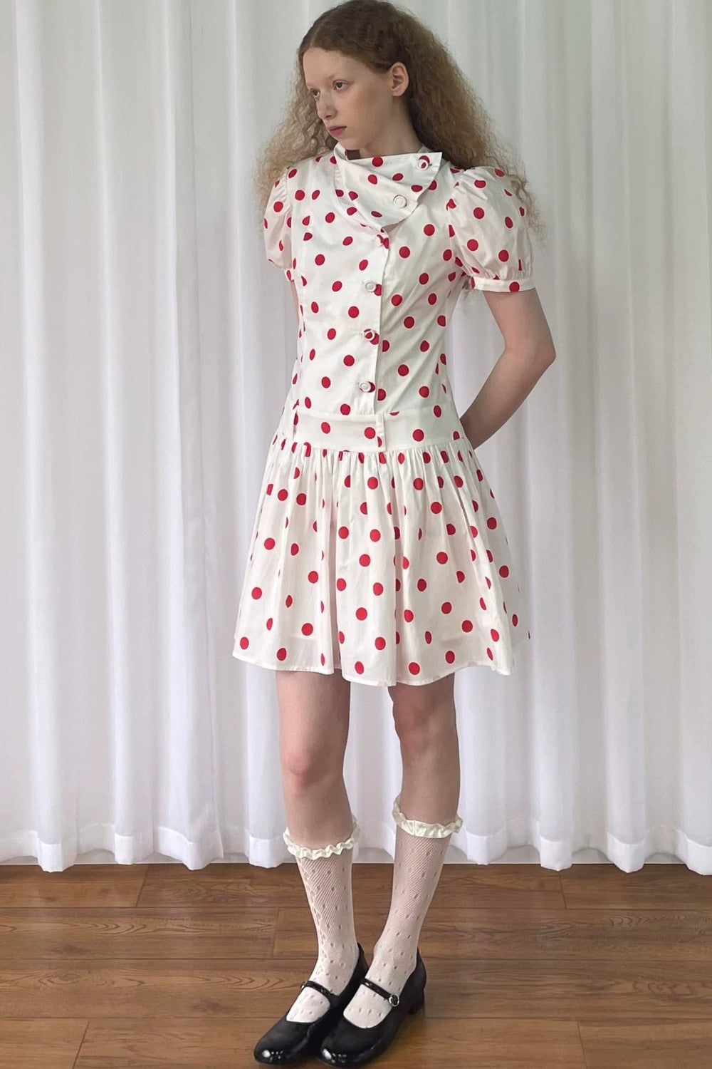 Red Retro Polka Dot Bubble Sleeve Dress