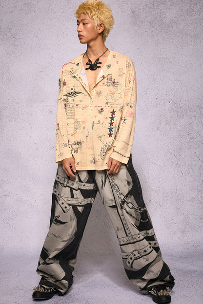 Manuscript Print Long Sleeve Open Front Shirt