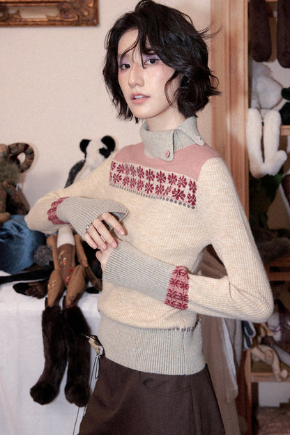 Floral High-Neck Pullover Sweater