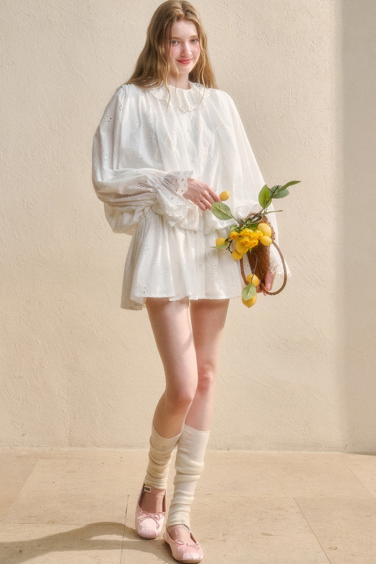 Long-Sleeved Cotton Embroidered Shirt Dress