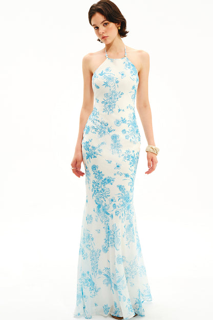 Blue Porcelain Floral Halter Maxi Dress