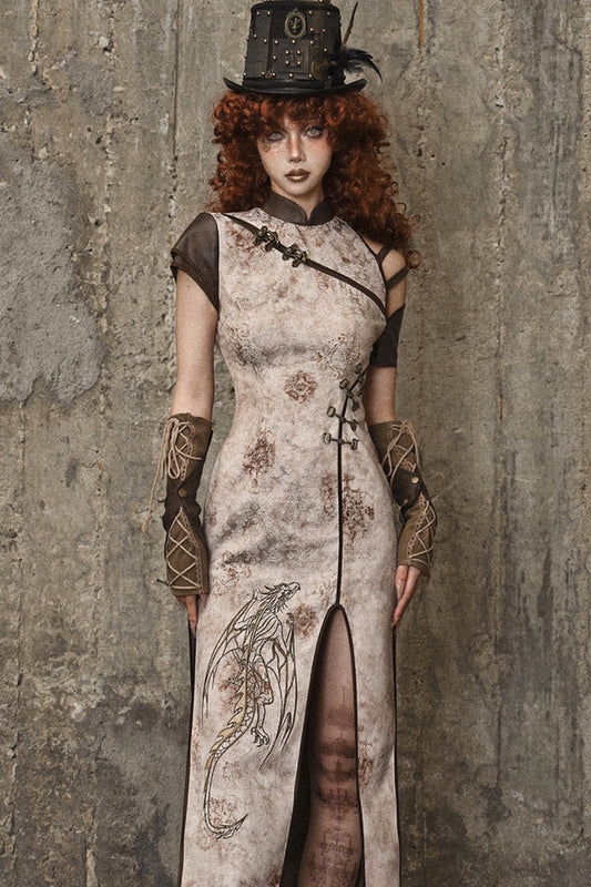 Modified Lace-Up Dragon Print Slit Cheongsam Dress