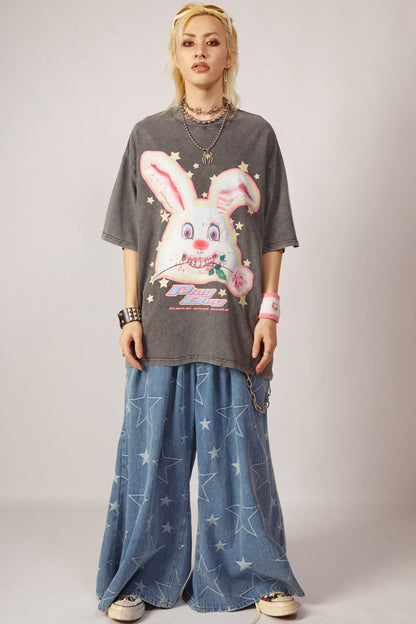 Loose Fit Punk Rock Rabbit Print T-Shirt
