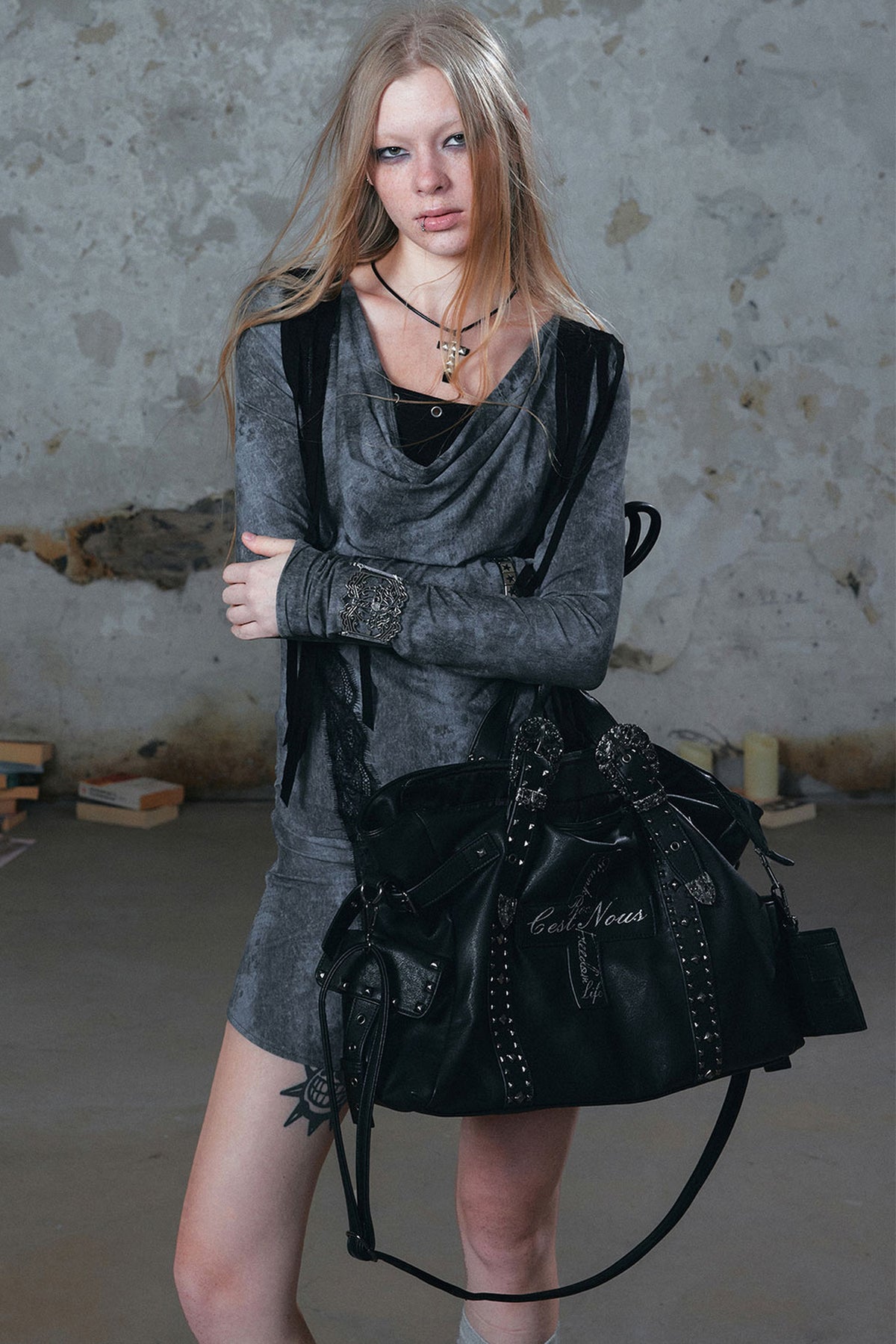 Cross Rivet Leather Shoulder Bag