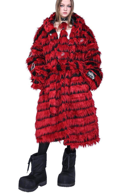 Oversized Silhouette Black Red Fur Coat