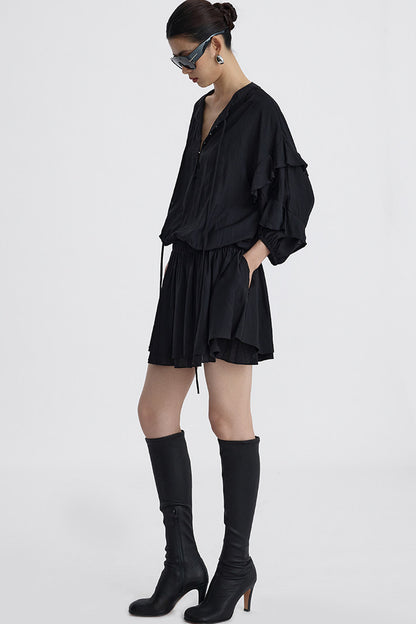 Black V-Neck Ruffle Lantern Sleeve Dress