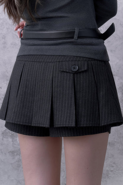 Black Gray Striped Brushed Double-Breasted Pleated Skirt