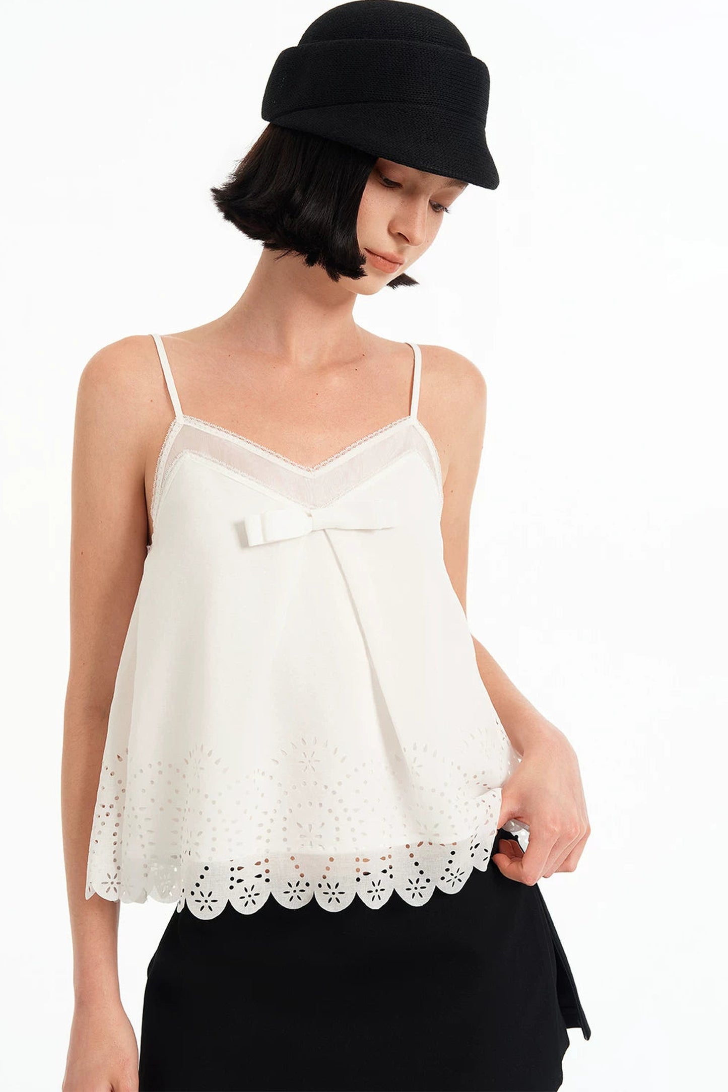 Hollow-Out V-Neck Bowknot Lace Camisole