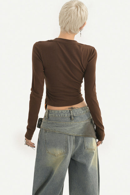 Printed Spliced Layered-Look Long-Sleeve T-shirt