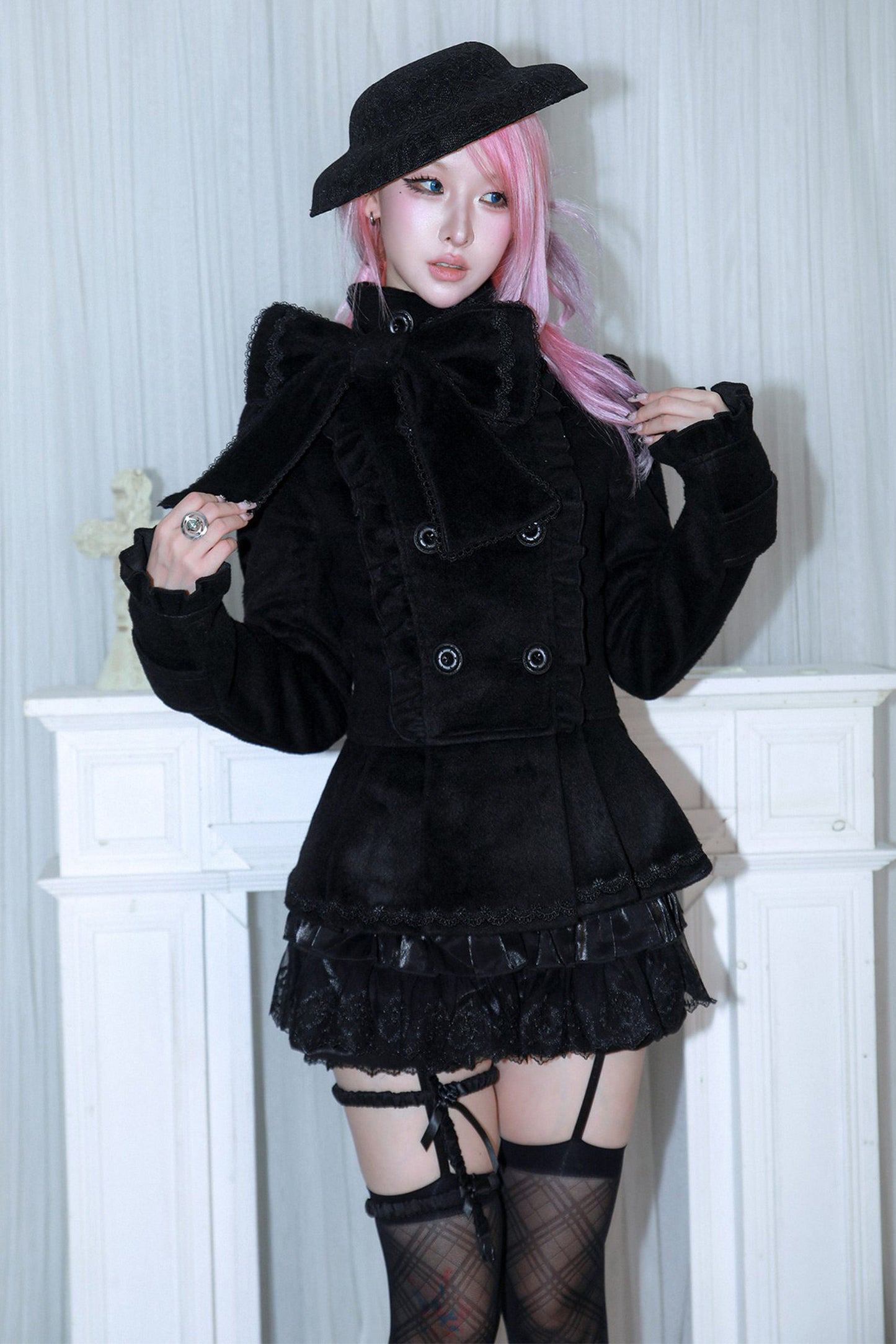 Detachable Bow Woolen Coat and Dress Set