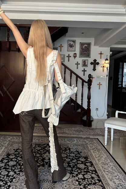 Pantalon évasé en denim patchwork médiéval