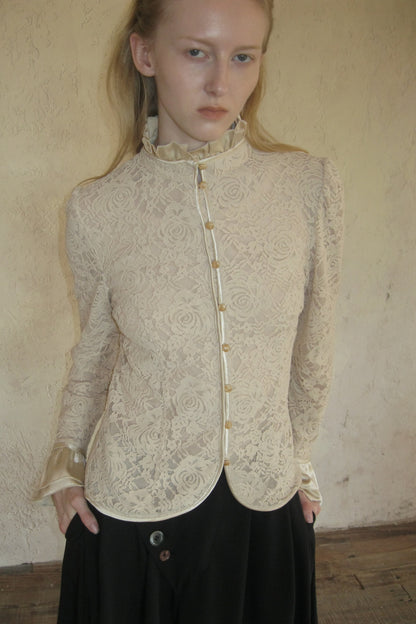 Beige Lace Stand Collar Blouse
