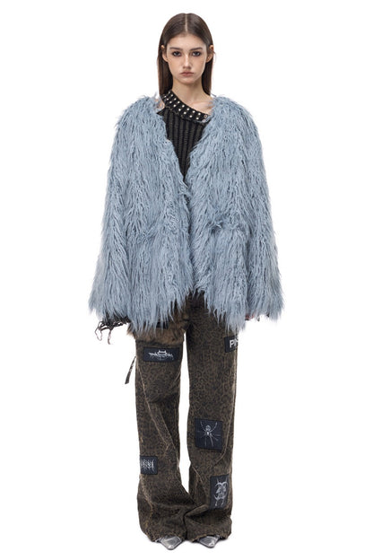 V-Neck Shaggy Contour Fur Jacket