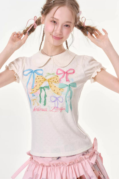White Floral Bow Puff Sleeve T-Shirt