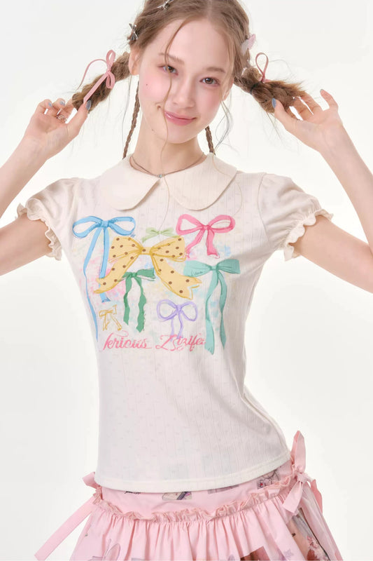 White Floral Bow Puff Sleeve T-Shirt