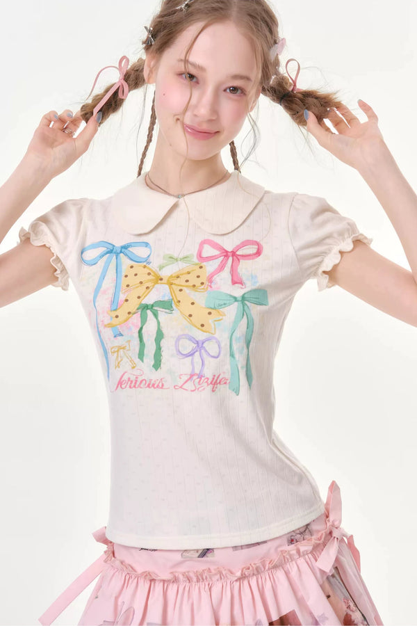 White Floral Bow Puff Sleeve T-Shirt