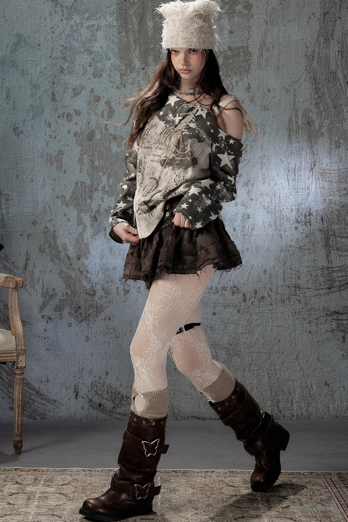 Plaid Wing Off-Shoulder Long-Sleeve T-Shirt