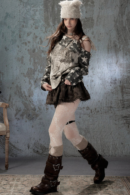 Plaid Wing Off-Shoulder Long-Sleeve T-Shirt