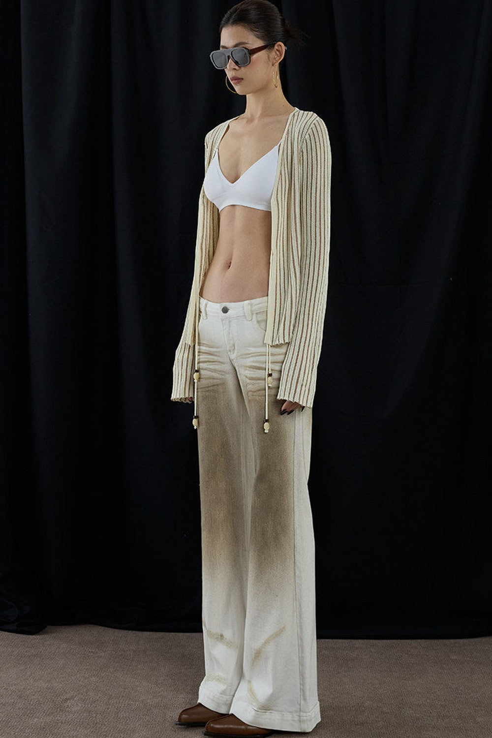 Apricot Striped V-Neck Tie Cardigan