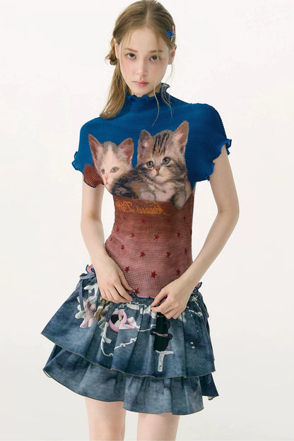 Color-Blocked Cat Print Pleated T-Shirt