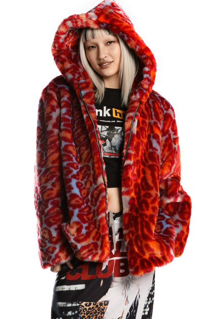 Leopard Print Fur Hooded Jacket