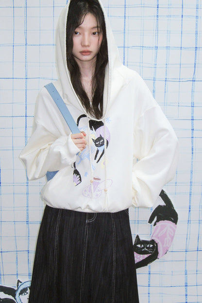 Cat Print Hooded Off-Shoulder Sweatshirt Shorts Set-Up