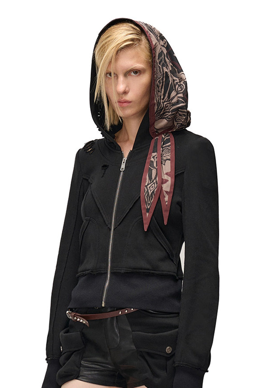 Lagenlook-Schal-Patchwork-Kapuzenjacke im Used-Look aus Sweatshirtstoff
