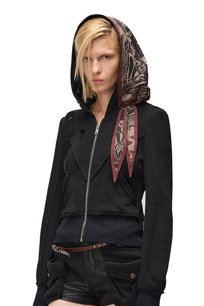 Lagenlook-Schal-Patchwork-Kapuzenjacke im Used-Look aus Sweatshirtstoff