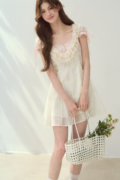 Rose Embroidered Square Neck Long Dress
