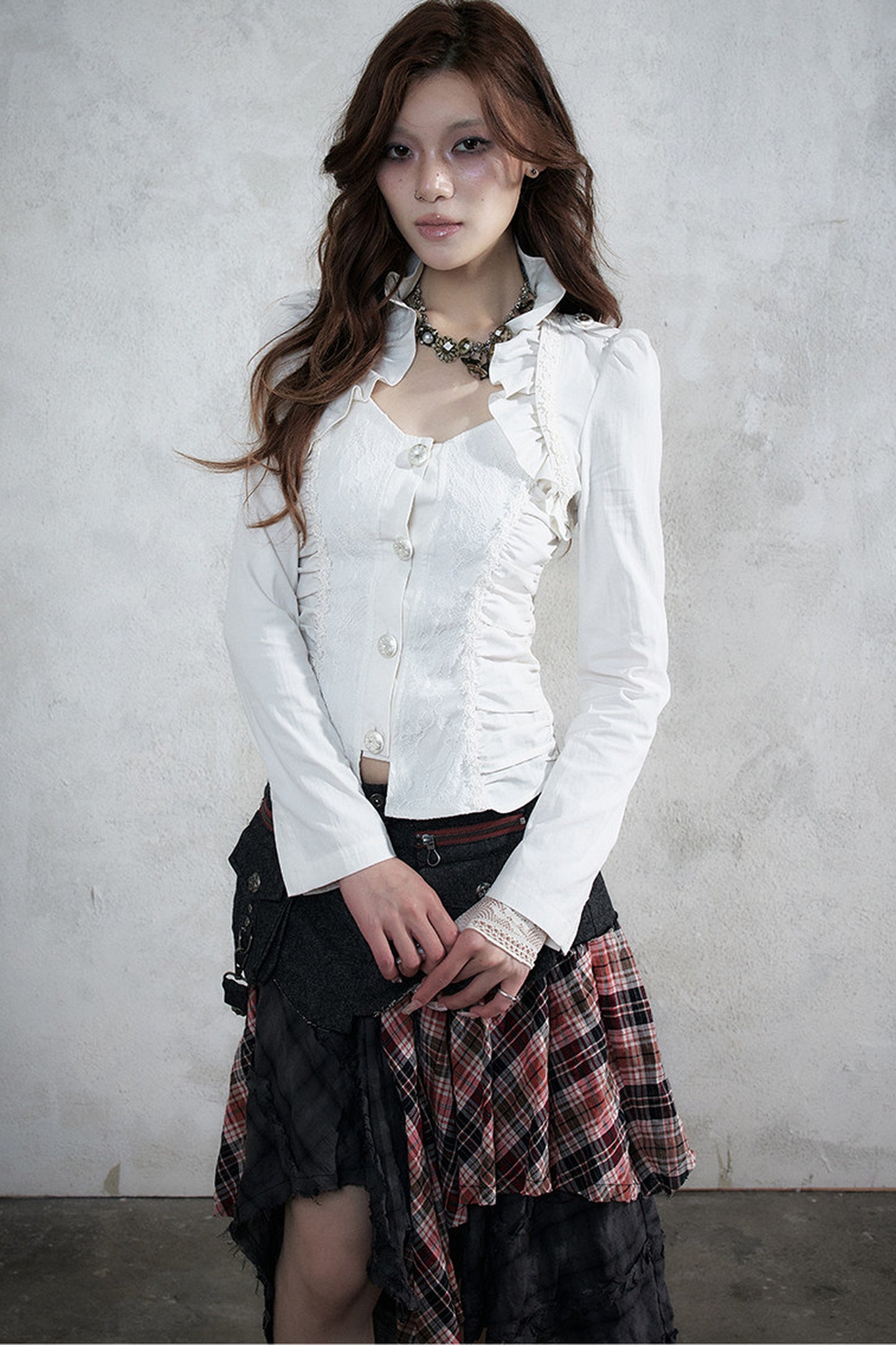 Lace Patchwork Ruched Layered-Look Shirt