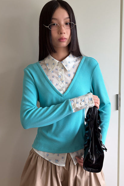 Mint Green Knit Floral Shirt Top