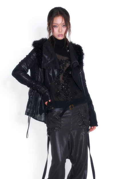 Spliced Fur Collar Scimitar Sleeve Top